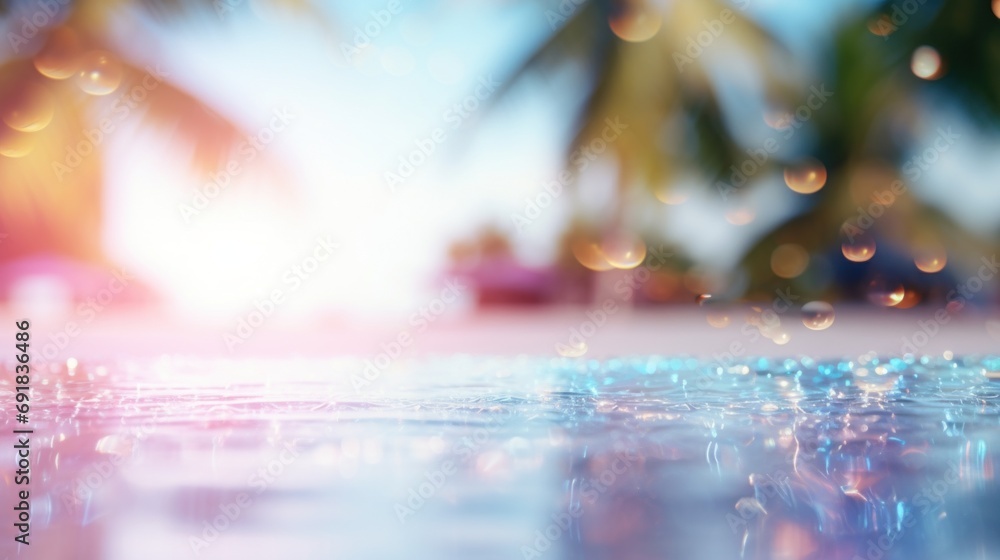 Poster reflection of palm trees in the pool with bokeh background