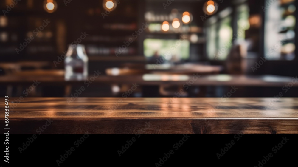 Poster empty wooden table and coffee shop blur background with bokeh image.