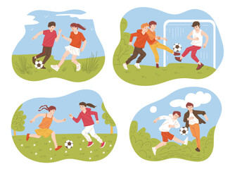 Children soccer club banners with kids playing football, flat vector isolated.