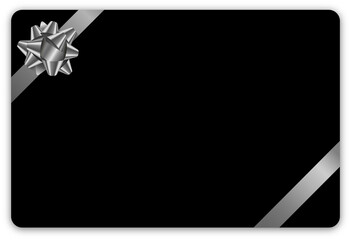 Black gift card with silver ribbon on white background