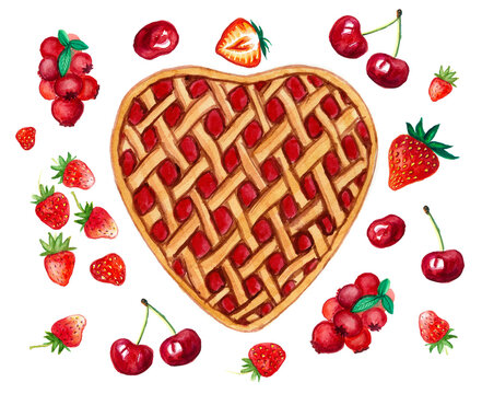 Cake in the shape of a heart. Grid cake with red filling. Around the berries are red. Some have green leaves or shoots. Strawberry, cherry, cranberry. Watercolor. Isolated on white background. Sweets.