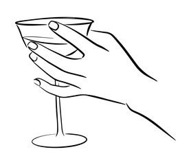 Hand with a glass drawn in line art style. Vector illustration.