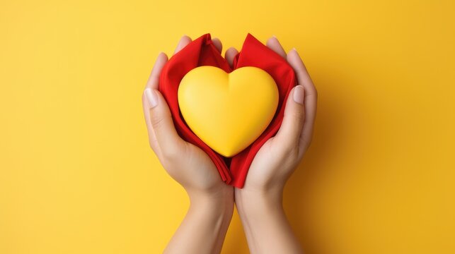 Top view of a woman's hands holding a yellow heart on a yellow background. Photo decorations for Valentine's Day.