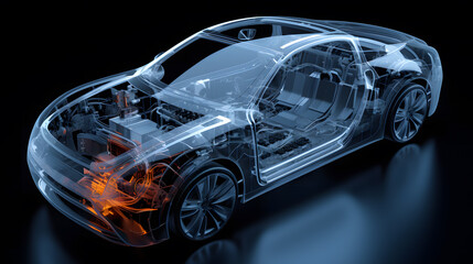 X-ray images of the cars of the future, including electric cars and sedans, showing the interior and parts of the cars.