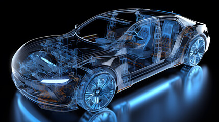 X-ray images of the cars of the future, including electric cars and sedans, showing the interior and parts of the cars. - obrazy, fototapety, plakaty