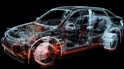 X-ray images of the cars of the future, including electric cars and sedans, showing the interior and parts of the cars.