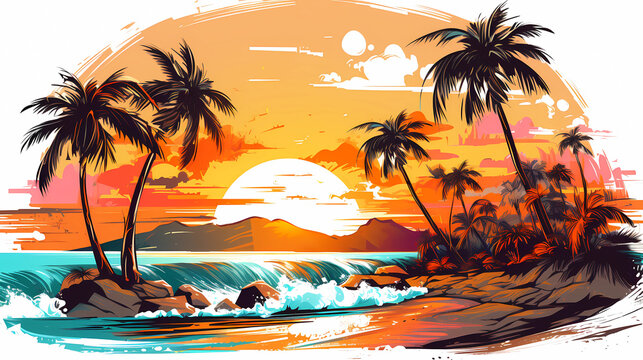 Palm trees and sea, graffiti style image, beautiful colors.