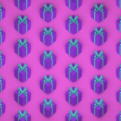 
Purple gift boxes wrapped with mint-colored string are placed in a pattern at regular intervals on a pink background. 3d render illustration.