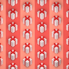 White gift boxes wrapped with red string are placed in a pattern at regular intervals against a background of repeated peach and red colors. 3d render illustration.
