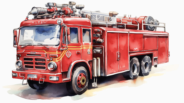 Watercolor painting style photo of fire fighter truck on white background.