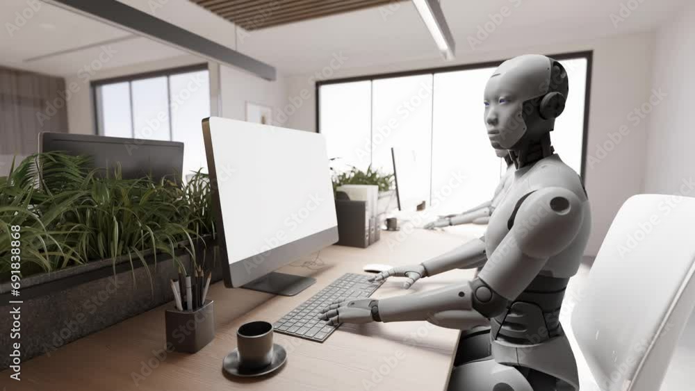 Aufkleber robot humanoid cyber sitting in futuristic office while chatting with customer on website and help c