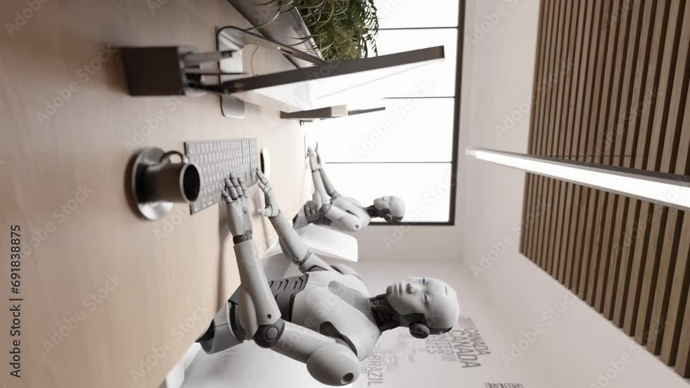 Aufkleber 3d rendering animation robot humanoid cyber sitting in office while chatting with customer on websit