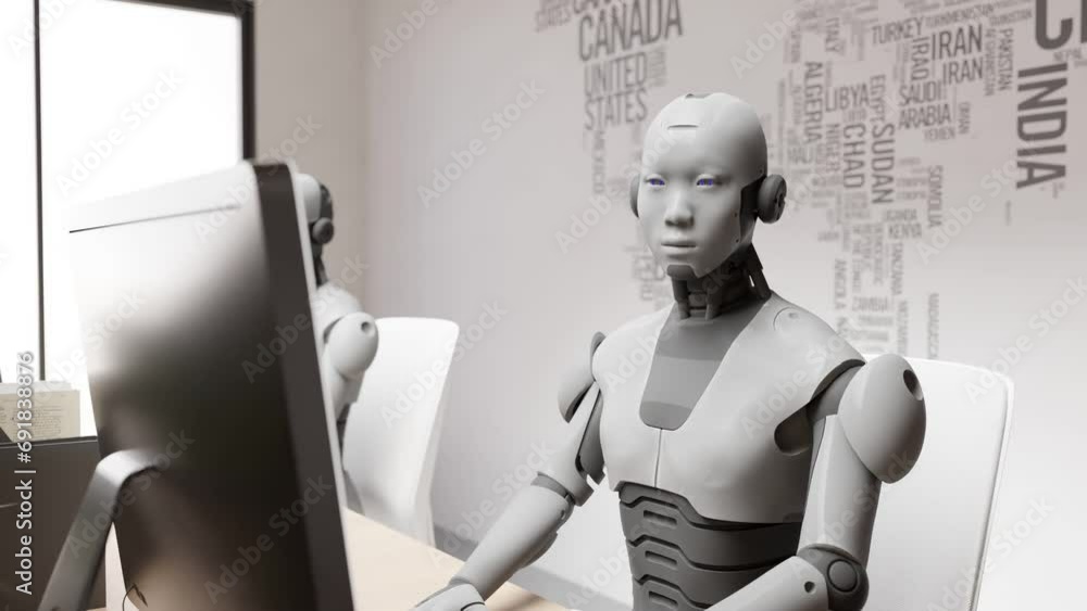 Aufkleber 3d rendering animation of robot humanoid cyber sitting in office while chatting with customer on web