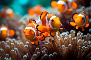 Various species of clownfish in their characteristic anemone community