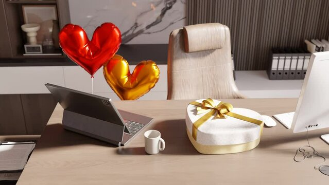 3d rendering of professional desktop office with heart present gift from a lovers, love and work caring lifestyle business partner 