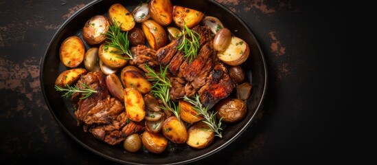 Top view of a frying pan with roasted boar and potatoes. - obrazy, fototapety, plakaty