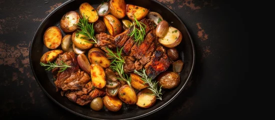 Wandcirkels tuinposter Top view of a frying pan with roasted boar and potatoes. © 2rogan