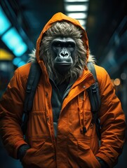 Fototapeta na wymiar Gorilla gue in an orange zoo suit walk at night in city
