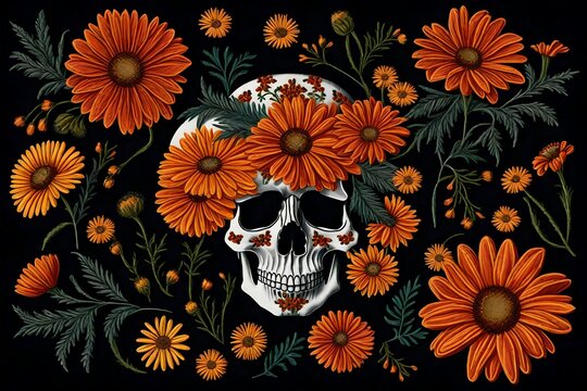 Antique flower skull with embroidery. Dead Day Fashion Design Decoration Print for Muertos Day. Beautiful orange marigold daisy chamomile isolated against a dark background