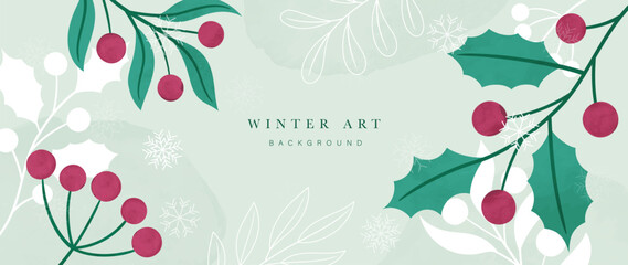 Winter background vector. Hand painted watercolor flower, botanical leaves, holly berry, snowflakes hand drawing. Abstract art design for wallpaper, wall arts, cover, wedding and invite card.