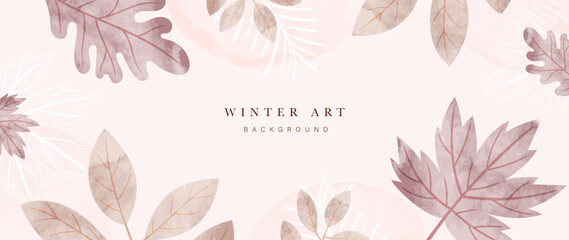 Winter background vector. Hand painted watercolor flower, botanical leaves, maple, oak leaf hand drawing. Abstract art design for wallpaper, wall arts, cover, wedding and invite card. - obrazy, fototapety, plakaty