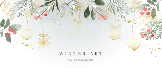 Winter background vector. Hand painted watercolor and gold brush texture, holly berry, bauble ball, reindeer hand drawing. Abstract art design for wallpaper, wall art, cover, wedding. invite card.