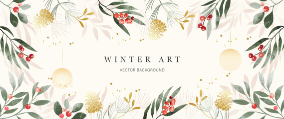 Winter background vector. Hand painted watercolor and gold brush texture, holly berry, bauble ball, pine cone hand drawing. Abstract art design for wallpaper, wall art, cover, wedding. invite card.