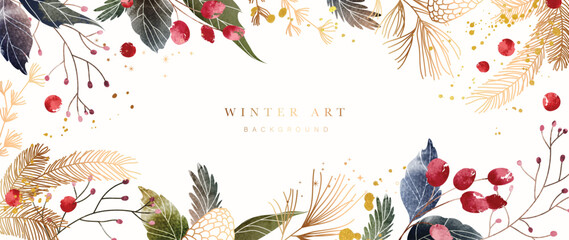 Winter background vector. Hand painted watercolor and gold brush texture, pine leaves, berry, botanical leaves hand drawing. Abstract art design for wallpaper, wall art, cover, wedding. invite card. - obrazy, fototapety, plakaty