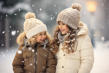Happy Girls on a Winter Background