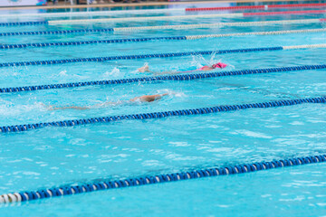Multiple people swimming laps in the lanes, Water sports and competition