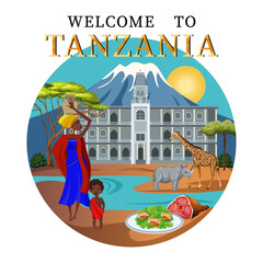 
Tanzania illustration set. Map, national clothes, people, food, architecture, attractions of Tanzania. Vector