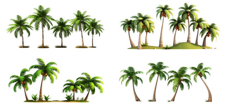 Set of 3d cartoon clipart palm trees on the beach isolated on white and transparent background