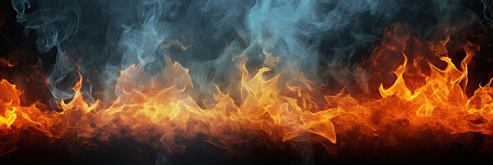 Texture of fire on black background,  Flame, fire with smoke on dark background. black walls and smoke. Abstract dark glitter fire particles lights. fire in motion blur. - obrazy, fototapety, plakaty