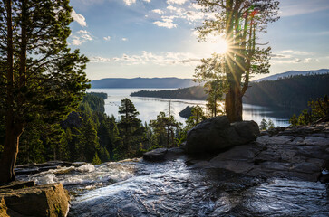 Lower Eagle Falls at sunrise. Emerald Bay in the background. Lake Tahoe. California.