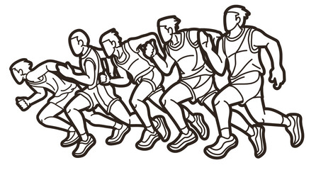 Group of Men Start Running Runner Action Jogging Together Cartoon Sport Graphic Vector