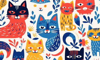 Naklejka premium Collection doodles of cats, flowers and butterflies on a white background