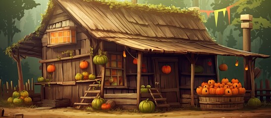 Obraz premium background of a lush forest, a rustic wooden shop with an old charm appeals to passersby with its vibrant orange advertising, promoting healthy organic food with a rich texture and vibrant yellow