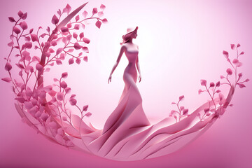 Woman standing in a pink field of flowers. International Women's Day background with copy space. Paper cut design.