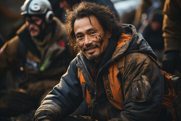 A Man of rescue team helping people in scenes with extreme weather conditions flood, some  houses destroyed and trees fallen 