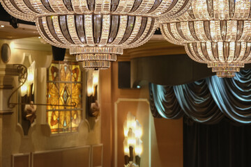 Opulent elegant interiors inside ballroom lounge onboard ocean liner cruiseship cruise ship witch...