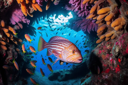 a natural arch in the reef with colorful fish