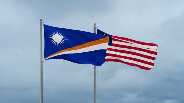 Liberia and Marshall Islands flag waving together on cloudy sky, endless seamless loop, two country cooperation concept
