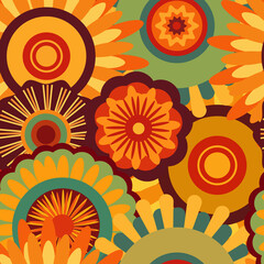 Bohemian seamless  patterns from the 70s with a psychedelic twist, groovy hippie inspired backgrounds. Cartoon style prints featuring flowers and mushrooms, glasses and  retro elements.