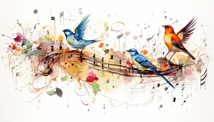 Create a drawing featuring various bird species perched on musical notes or staff lines, creating a harmonious composition