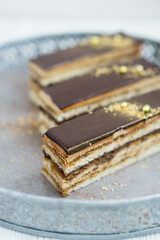 Classic french pastry opera layered cake with almond sponge soaked in coffee syrup, buttercream  ama chocolate ganache layers, and topped with a glossy chocolate glaze close up selective focus