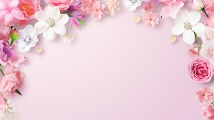 Beautiful floral semicircle with diverse blossoms, petals, and greenery against pink. Floral design and springtime. - obrazy, fototapety, plakaty
