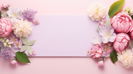Tulips and daisies bordering blank space on pink background. Beauty product display.