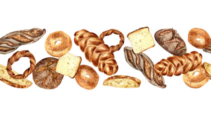 Variety kinds bread watercolor seamless border isolated on white. Hand drawn rye loaf, ciabatta for bakery. Painted challah, bagel. Illustration of simit, toast. Design for bakeshop, packaging