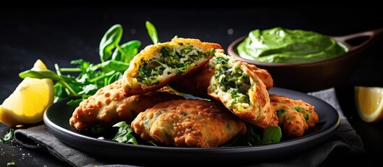 Vegan burger fritters with spinach and vegetable pasties, close up.