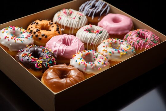 Colored assorted glazed donuts in a gift box. Mini donuts in the box isolated on black background.